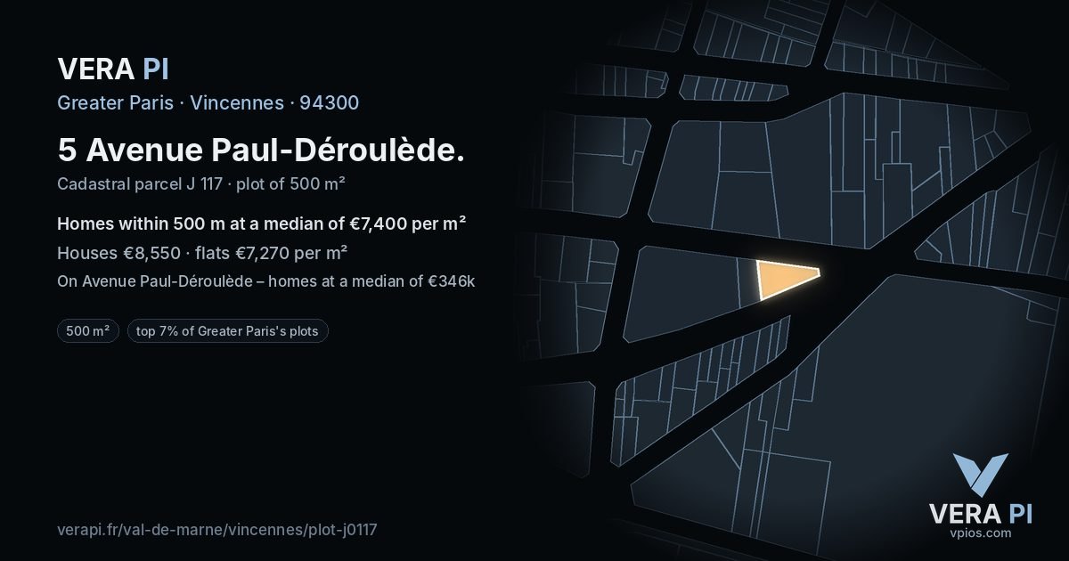 5 Avenue Paul-Déroulède, Vincennes at night – the plot lit, the parcels around coloured by the prices near them