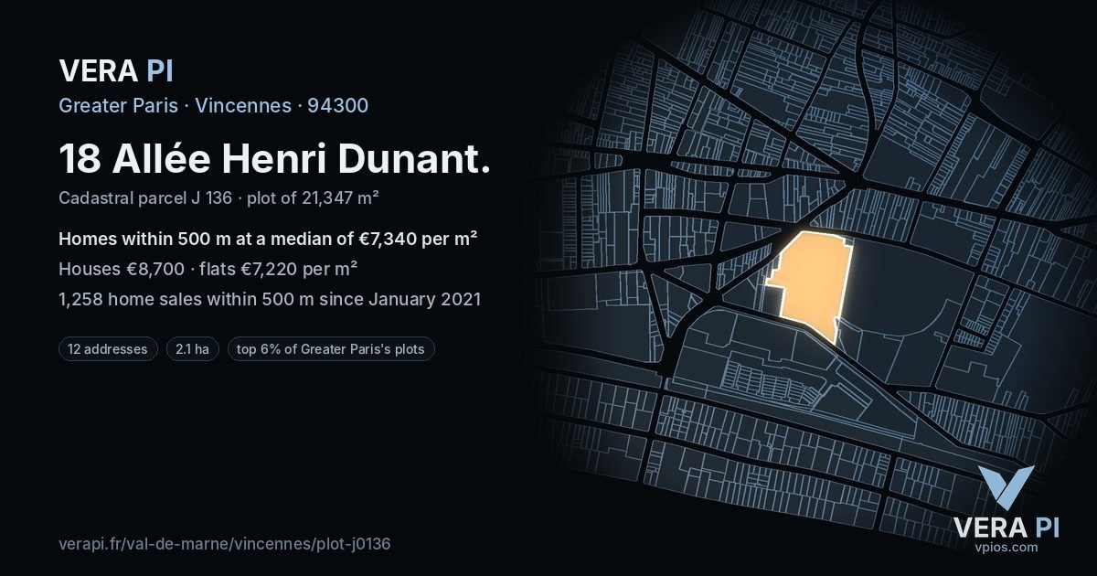18 Allée Henri Dunant, Vincennes at night – the plot lit, the parcels around coloured by the prices near them