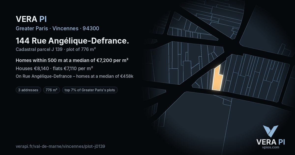144 Rue Angélique-Defrance, Vincennes at night – the plot lit, the parcels around coloured by the prices near them