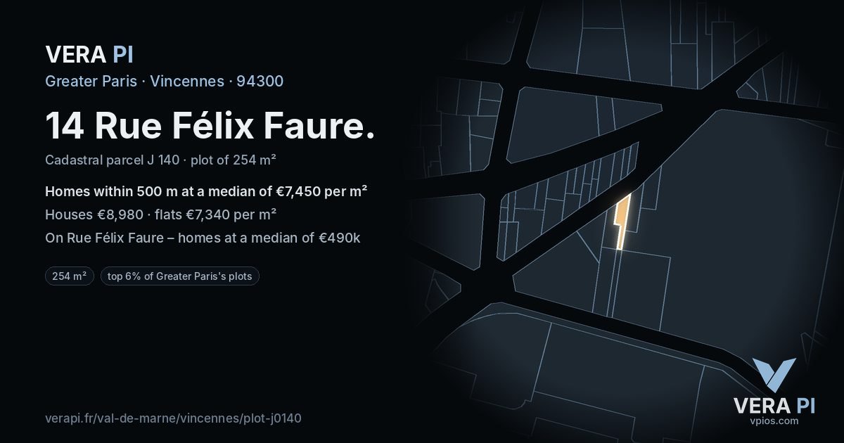 14 Rue Félix Faure, Vincennes at night – the plot lit, the parcels around coloured by the prices near them