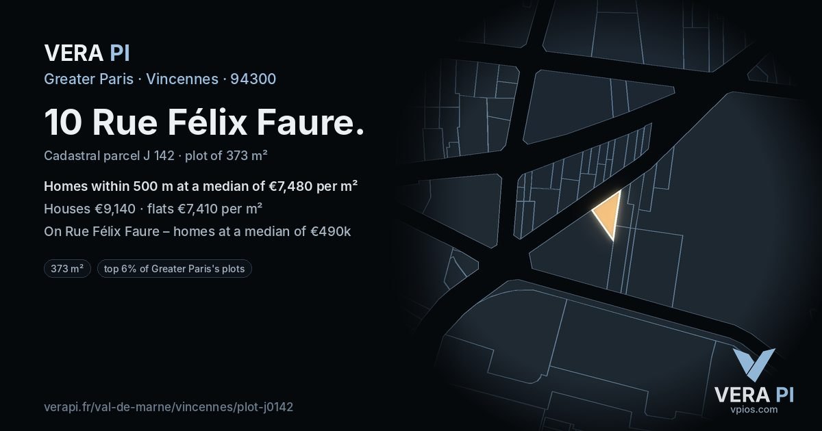 10 Rue Félix Faure, Vincennes at night – the plot lit, the parcels around coloured by the prices near them