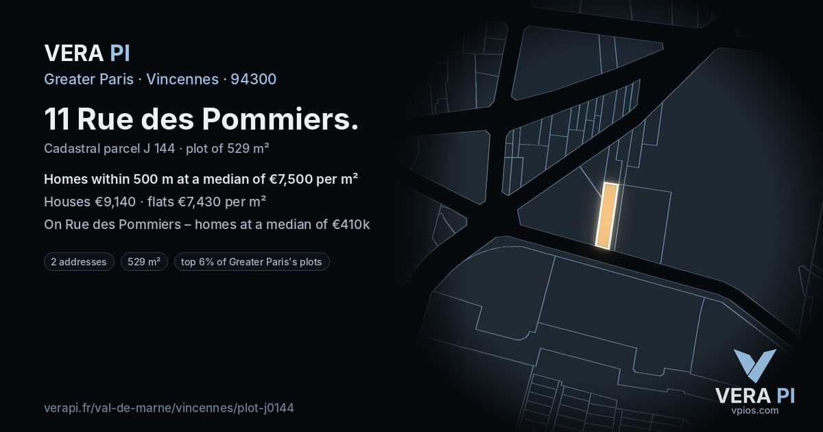 11 Rue des Pommiers, Vincennes at night – the plot lit, the parcels around coloured by the prices near them