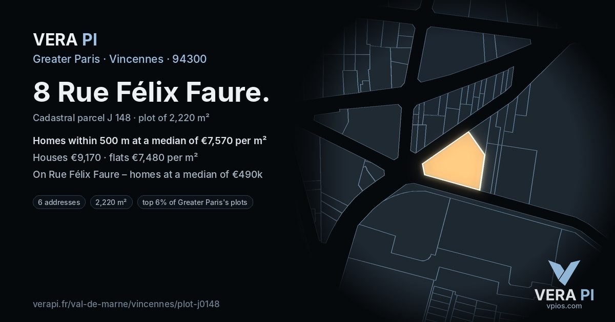 8 Rue Félix Faure, Vincennes at night – the plot lit, the parcels around coloured by the prices near them