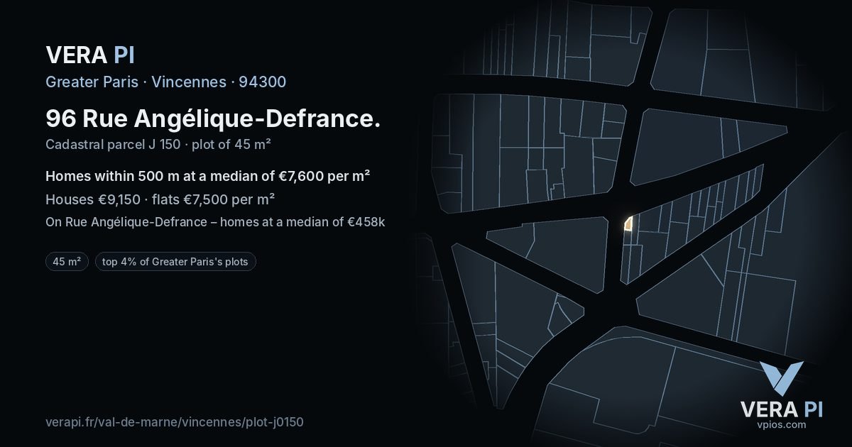 96 Rue Angélique-Defrance, Vincennes at night – the plot lit, the parcels around coloured by the prices near them