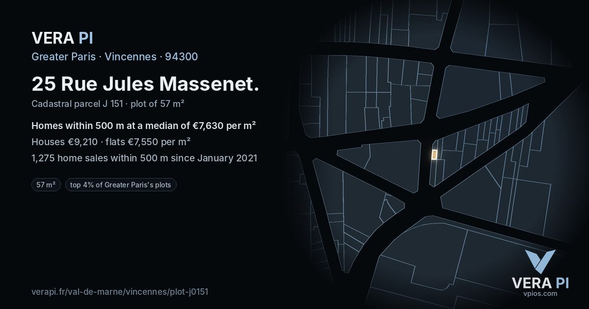 25 Rue Jules Massenet, Vincennes at night – the plot lit, the parcels around coloured by the prices near them
