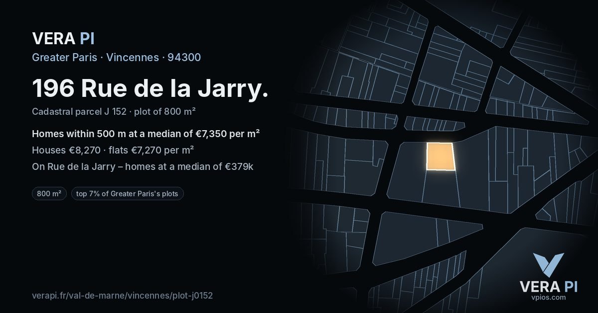 196 Rue de la Jarry, Vincennes at night – the plot lit, the parcels around coloured by the prices near them