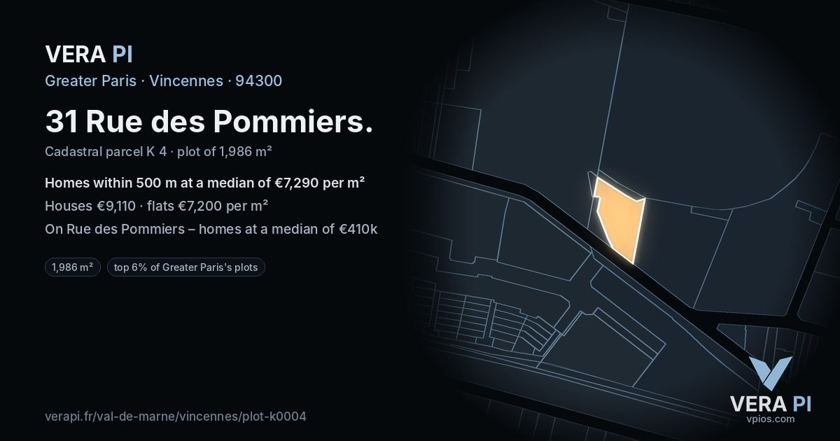 31 Rue des Pommiers, Vincennes at night – the plot lit, the parcels around coloured by the prices near them