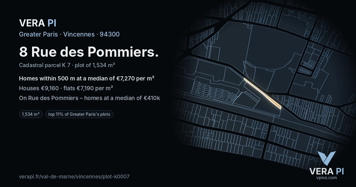 8 Rue des Pommiers, Vincennes at night – the plot lit, the parcels around coloured by the prices near them