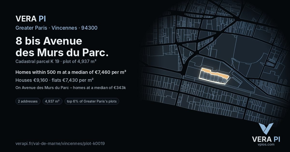 8 bis Avenue des Murs du Parc, Vincennes at night – the plot lit, the parcels around coloured by the prices near them