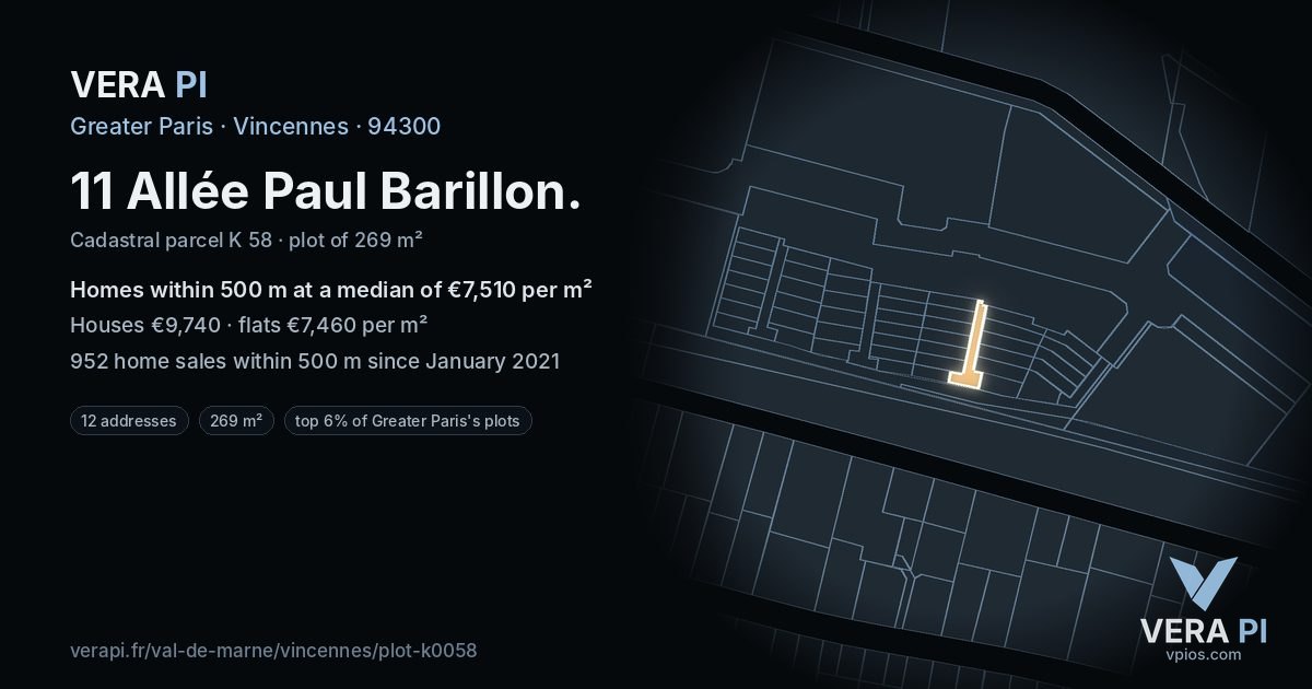 11 Allée Paul Barillon, Vincennes at night – the plot lit, the parcels around coloured by the prices near them
