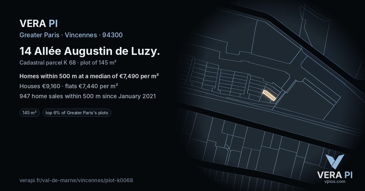 14 Allée Augustin de Luzy, Vincennes at night – the plot lit, the parcels around coloured by the prices near them