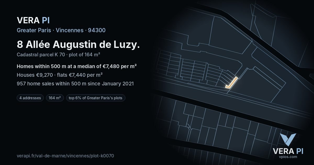 8 Allée Augustin de Luzy, Vincennes at night – the plot lit, the parcels around coloured by the prices near them