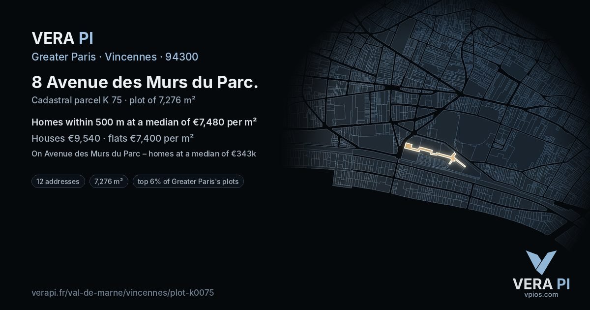 8 Avenue des Murs du Parc, Vincennes at night – the plot lit, the parcels around coloured by the prices near them