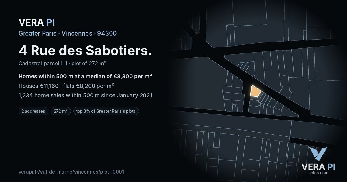 4 Rue des Sabotiers, Vincennes at night – the plot lit, the parcels around coloured by the prices near them