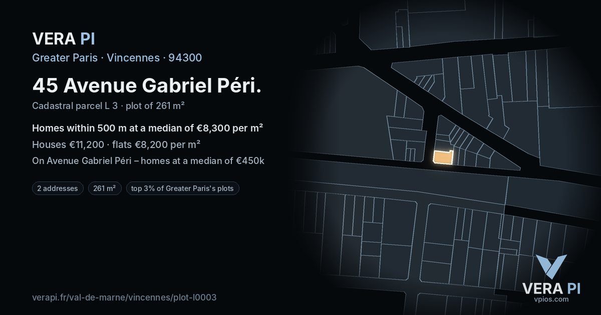 45 Avenue Gabriel Péri, Vincennes at night – the plot lit, the parcels around coloured by the prices near them