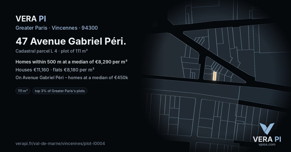 47 Avenue Gabriel Péri, Vincennes at night – the plot lit, the parcels around coloured by the prices near them