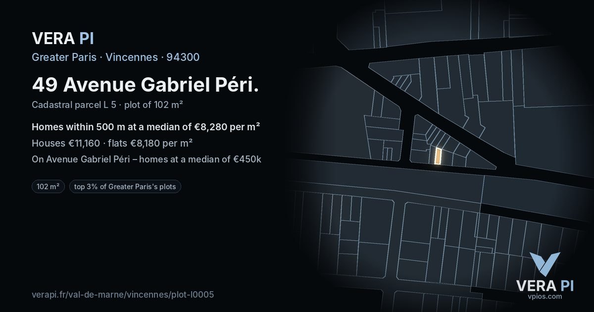 49 Avenue Gabriel Péri, Vincennes at night – the plot lit, the parcels around coloured by the prices near them