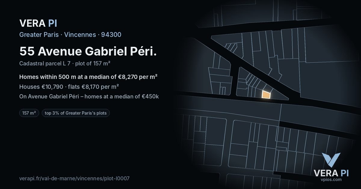 55 Avenue Gabriel Péri, Vincennes at night – the plot lit, the parcels around coloured by the prices near them