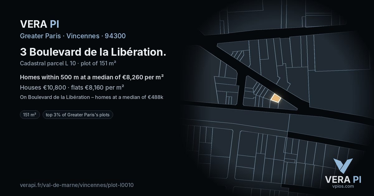 3 Boulevard de la Libération, Vincennes at night – the plot lit, the parcels around coloured by the prices near them