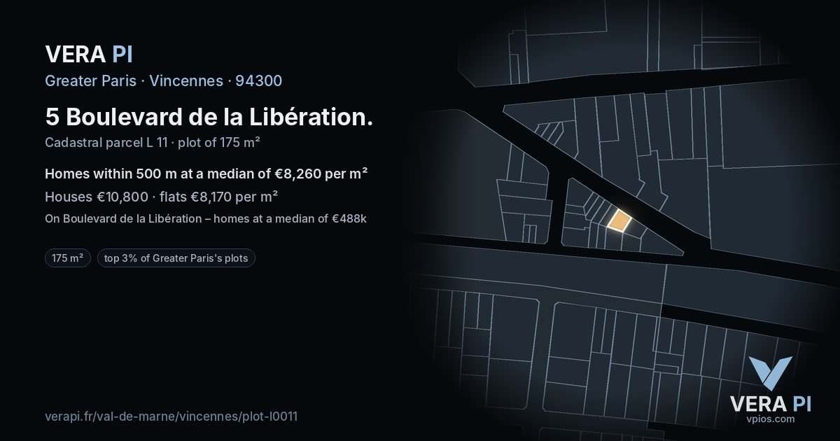 5 Boulevard de la Libération, Vincennes at night – the plot lit, the parcels around coloured by the prices near them