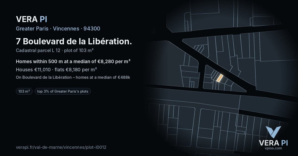 7 Boulevard de la Libération, Vincennes at night – the plot lit, the parcels around coloured by the prices near them