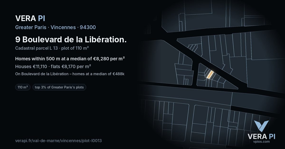 9 Boulevard de la Libération, Vincennes at night – the plot lit, the parcels around coloured by the prices near them