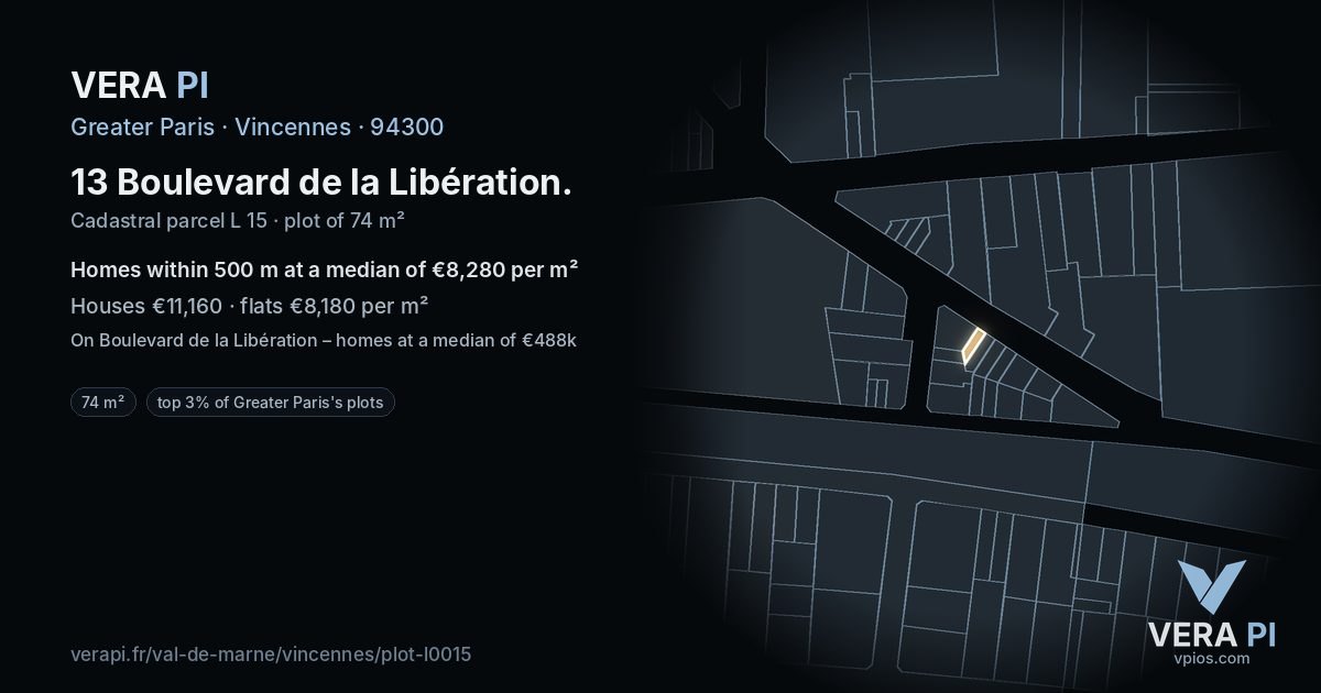 13 Boulevard de la Libération, Vincennes at night – the plot lit, the parcels around coloured by the prices near them