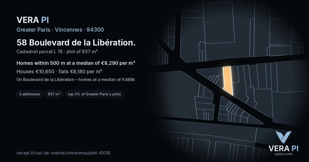 58 Boulevard de la Libération, Vincennes at night – the plot lit, the parcels around coloured by the prices near them