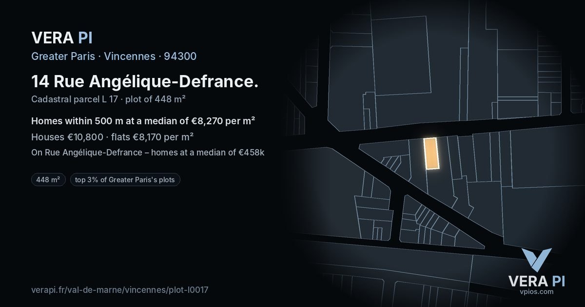 14 Rue Angélique-Defrance, Vincennes at night – the plot lit, the parcels around coloured by the prices near them