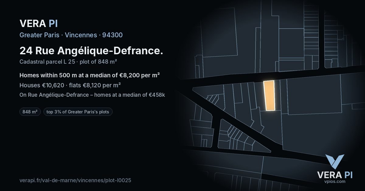 24 Rue Angélique-Defrance, Vincennes at night – the plot lit, the parcels around coloured by the prices near them