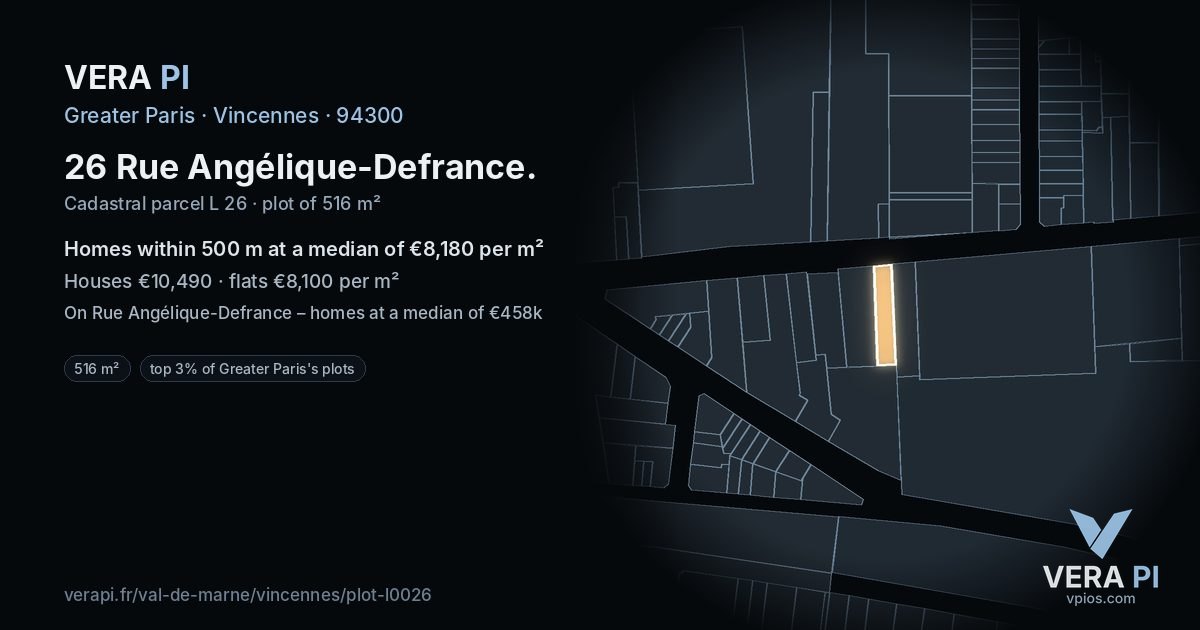 26 Rue Angélique-Defrance, Vincennes at night – the plot lit, the parcels around coloured by the prices near them