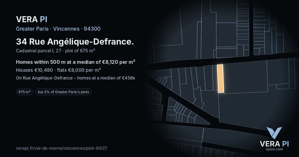 34 Rue Angélique-Defrance, Vincennes at night – the plot lit, the parcels around coloured by the prices near them