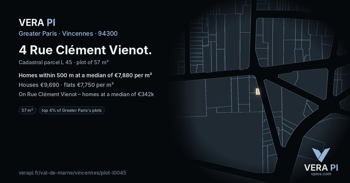 4 Rue Clément Vienot, Vincennes at night – the plot lit, the parcels around coloured by the prices near them