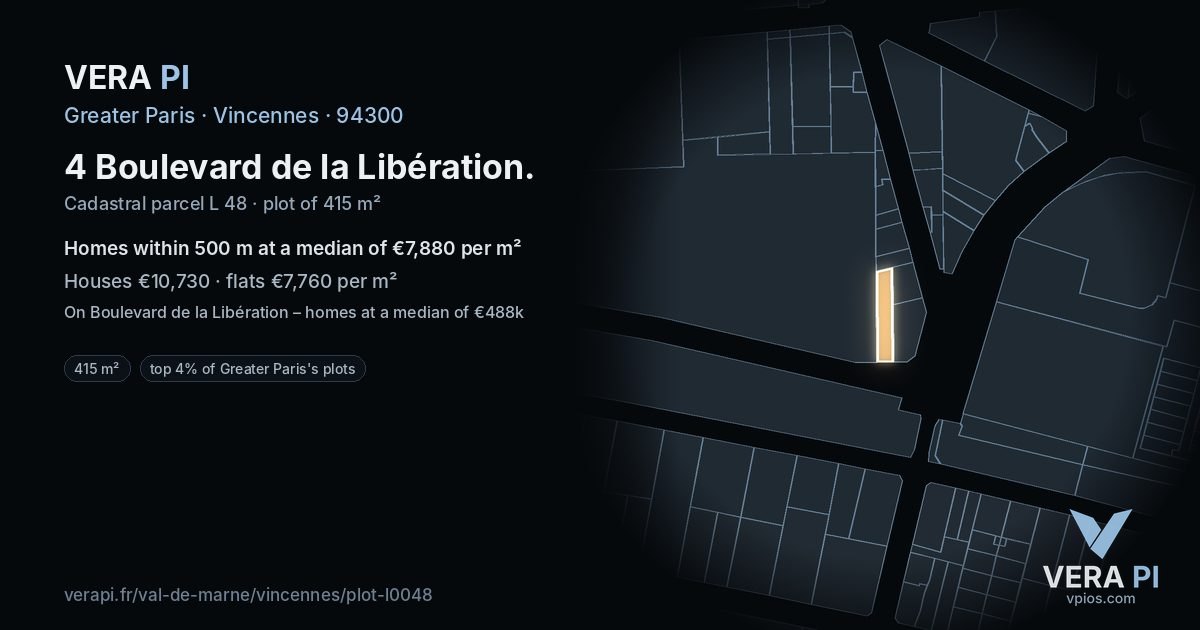 4 Boulevard de la Libération, Vincennes at night – the plot lit, the parcels around coloured by the prices near them