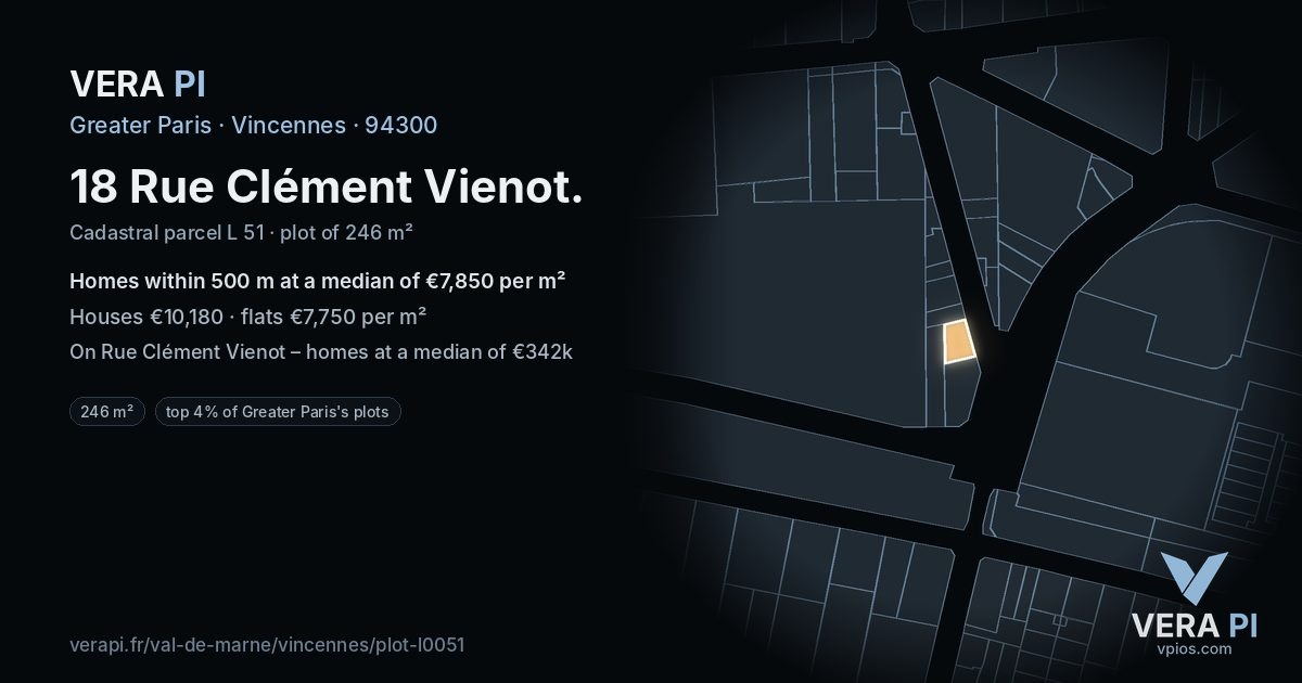 18 Rue Clément Vienot, Vincennes at night – the plot lit, the parcels around coloured by the prices near them