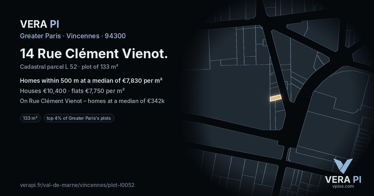 14 Rue Clément Vienot, Vincennes at night – the plot lit, the parcels around coloured by the prices near them