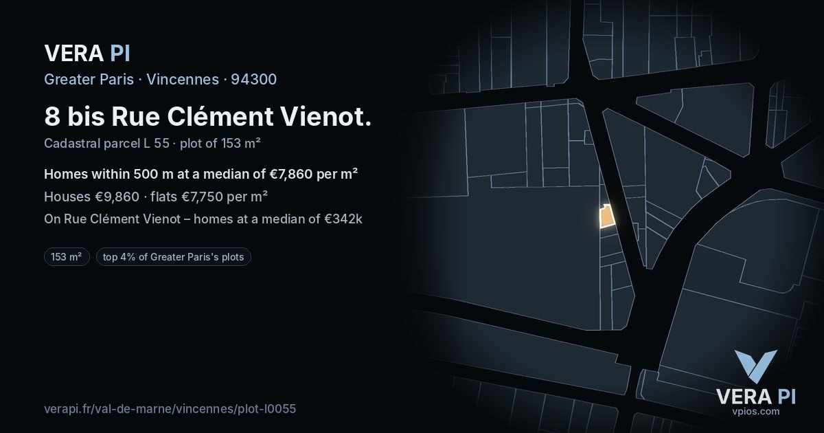 8 bis Rue Clément Vienot, Vincennes at night – the plot lit, the parcels around coloured by the prices near them
