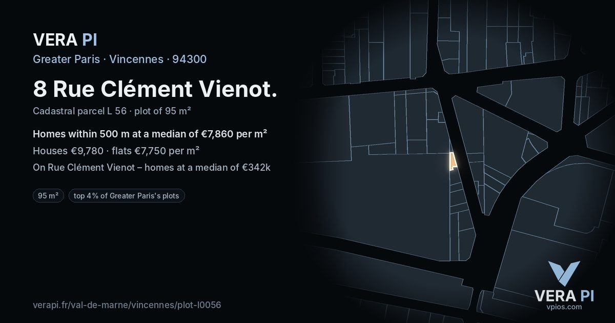 8 Rue Clément Vienot, Vincennes at night – the plot lit, the parcels around coloured by the prices near them