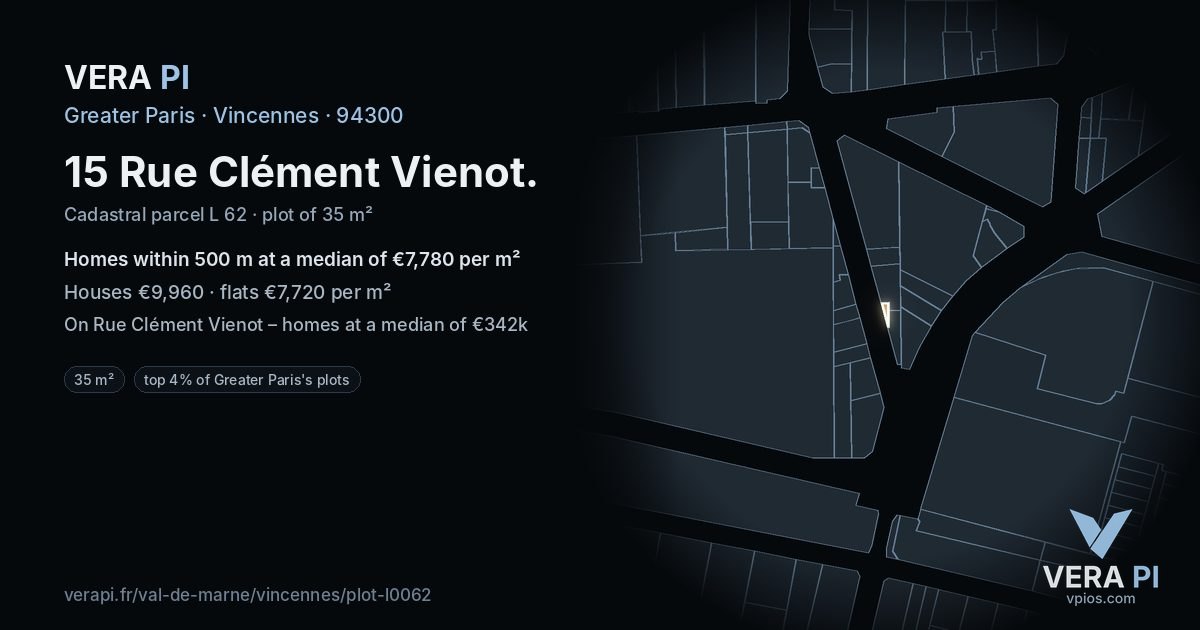 15 Rue Clément Vienot, Vincennes at night – the plot lit, the parcels around coloured by the prices near them
