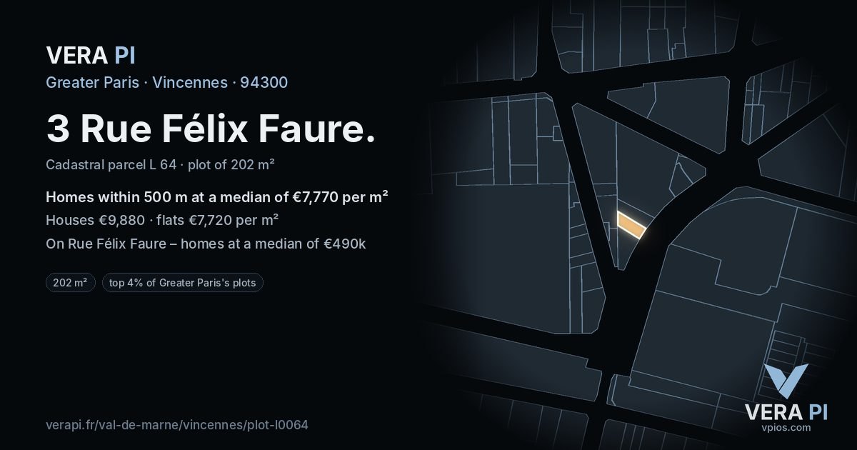 3 Rue Félix Faure, Vincennes at night – the plot lit, the parcels around coloured by the prices near them