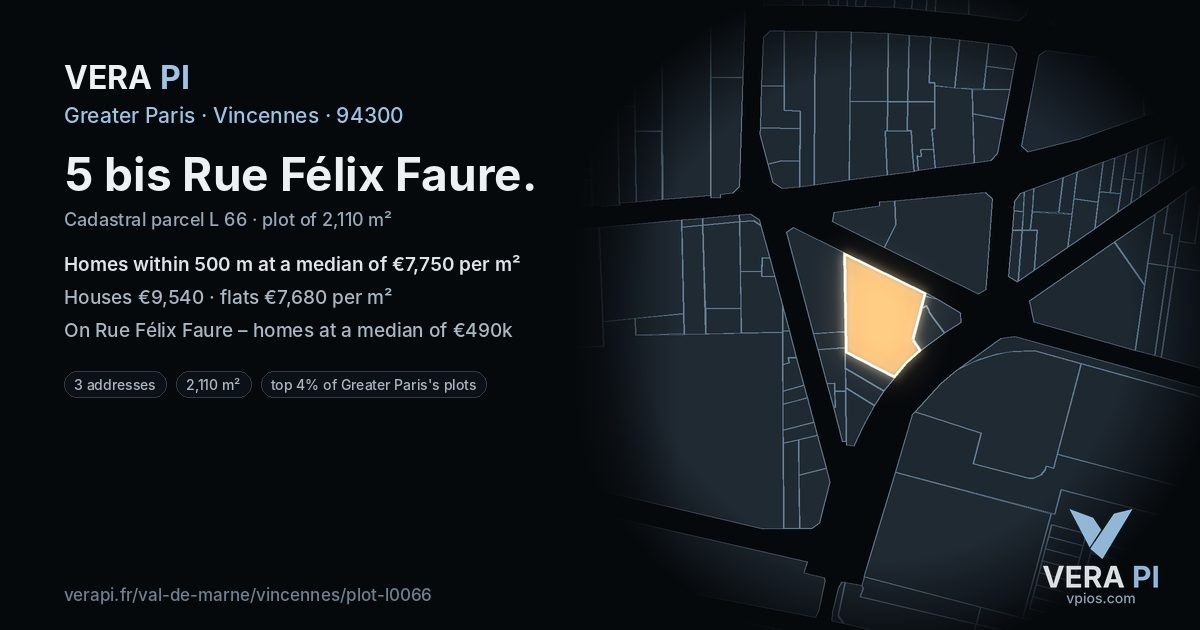 5 bis Rue Félix Faure, Vincennes at night – the plot lit, the parcels around coloured by the prices near them