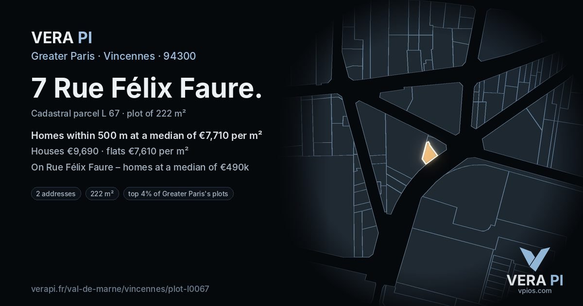 7 Rue Félix Faure, Vincennes at night – the plot lit, the parcels around coloured by the prices near them