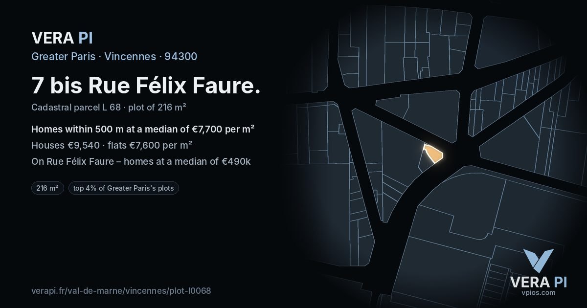 7 bis Rue Félix Faure, Vincennes at night – the plot lit, the parcels around coloured by the prices near them