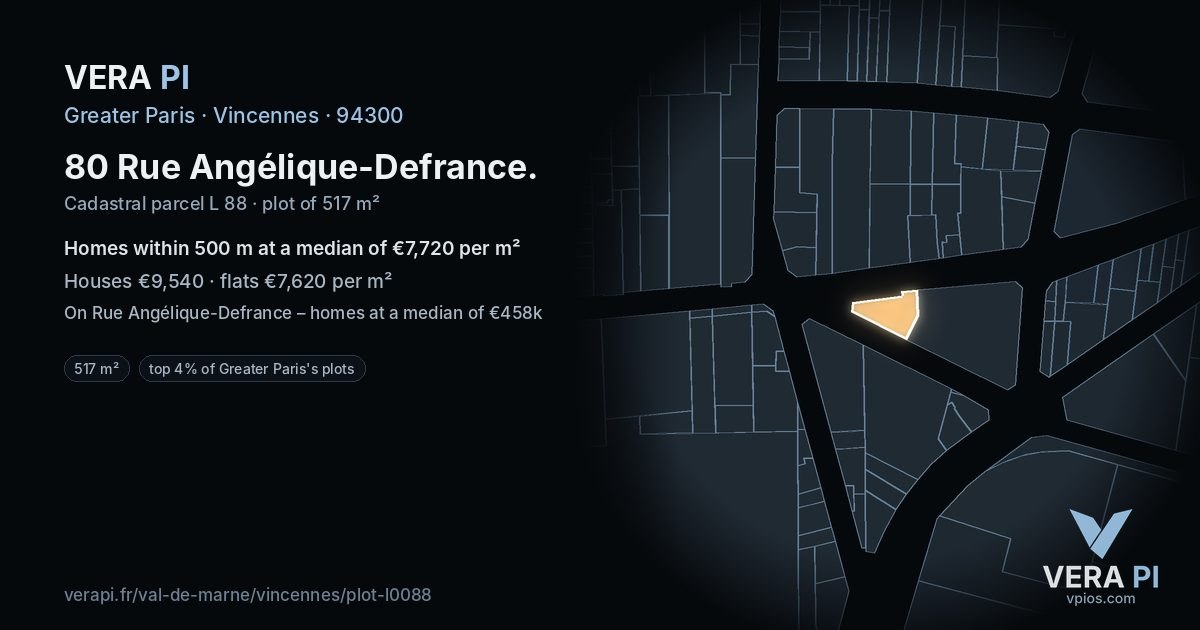 80 Rue Angélique-Defrance, Vincennes at night – the plot lit, the parcels around coloured by the prices near them