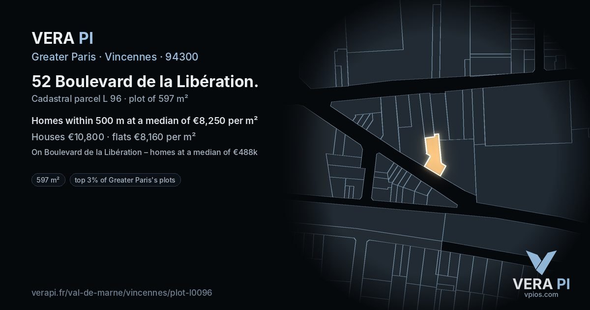 52 Boulevard de la Libération, Vincennes at night – the plot lit, the parcels around coloured by the prices near them