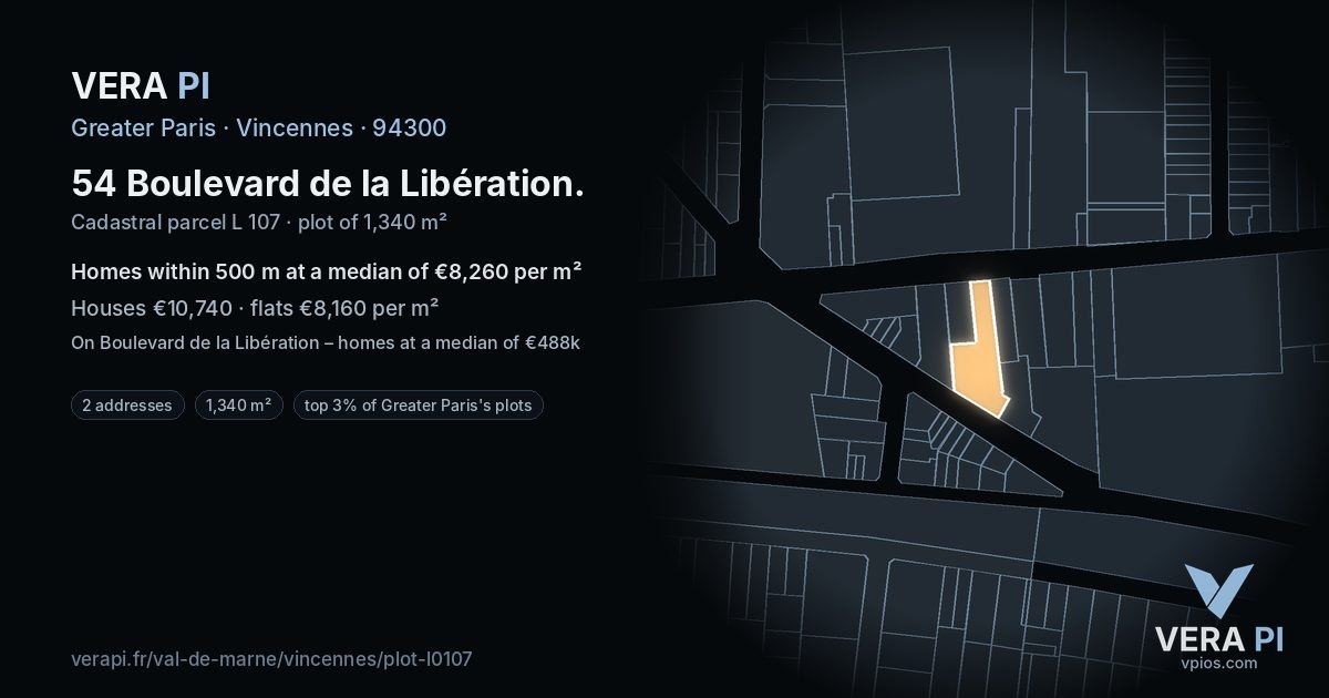 54 Boulevard de la Libération, Vincennes at night – the plot lit, the parcels around coloured by the prices near them
