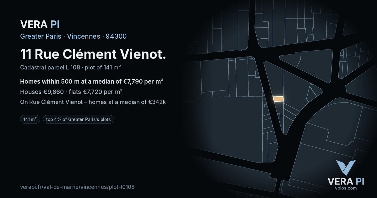 11 Rue Clément Vienot, Vincennes at night – the plot lit, the parcels around coloured by the prices near them