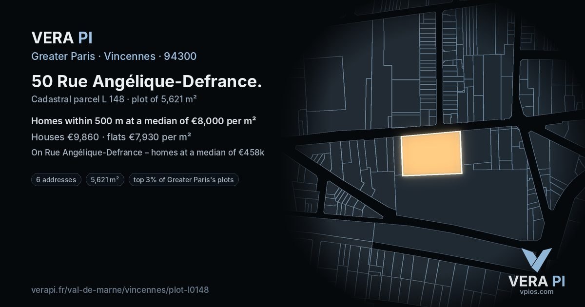 50 Rue Angélique-Defrance, Vincennes at night – the plot lit, the parcels around coloured by the prices near them