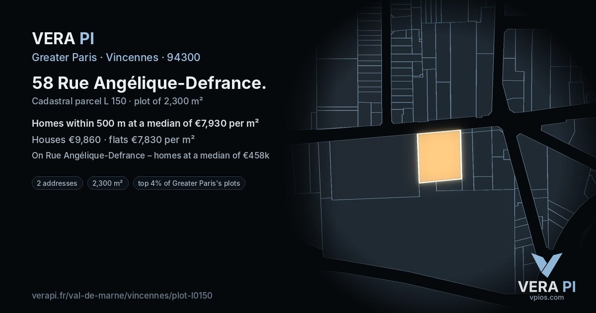 58 Rue Angélique-Defrance, Vincennes at night – the plot lit, the parcels around coloured by the prices near them