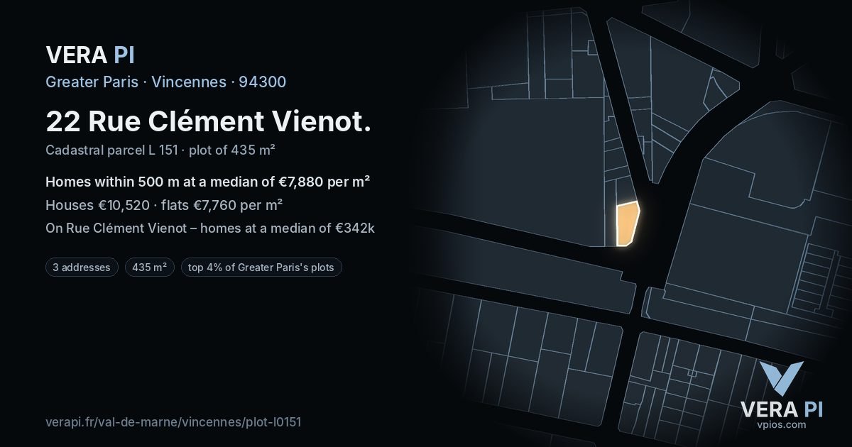 22 Rue Clément Vienot, Vincennes at night – the plot lit, the parcels around coloured by the prices near them